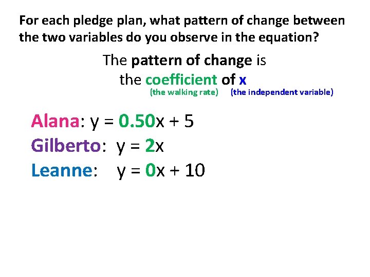 For each pledge plan, what pattern of change between the two variables do you For each pledge plan, what pattern of change between the two variables do you