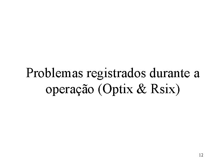 Problemas registrados durante a operação (Optix & Rsix) 12 