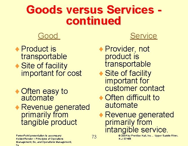 Goods versus Services continued Good Service ¨ Product is transportable ¨ Site of facility
