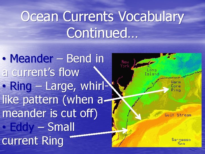 Ocean Currents Vocabulary Continued… • Meander – Bend in a current’s flow • Ring