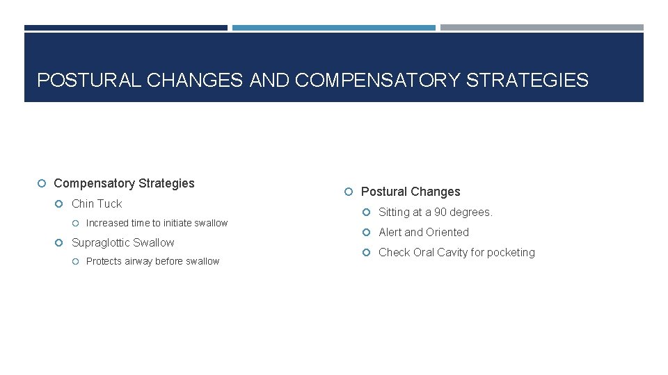 POSTURAL CHANGES AND COMPENSATORY STRATEGIES Compensatory Strategies Chin Tuck Increased time to initiate swallow POSTURAL CHANGES AND COMPENSATORY STRATEGIES Compensatory Strategies Chin Tuck Increased time to initiate swallow
