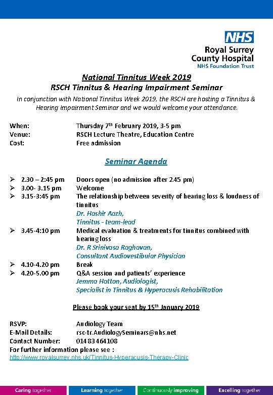 National Tinnitus Week 2019 RSCH Tinnitus & Hearing Impairment Seminar In conjunction with National