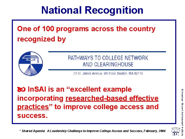 National Recognition One of 100 programs across the country recognized by incorporating researched based