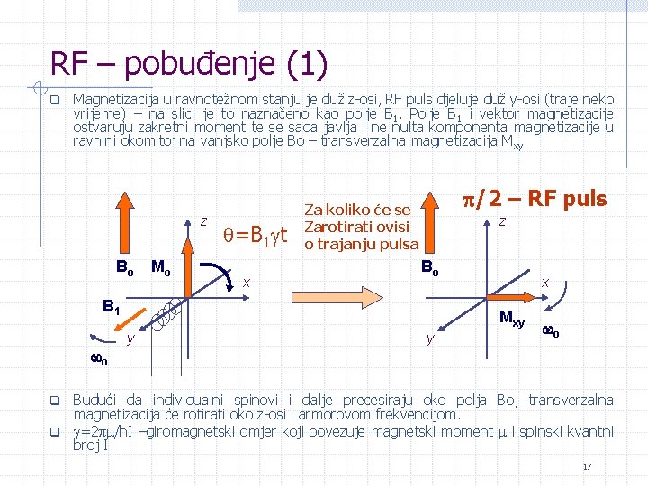 RF – pobuđenje (1) q Magnetizacija u ravnotežnom stanju je duž z-osi, RF puls