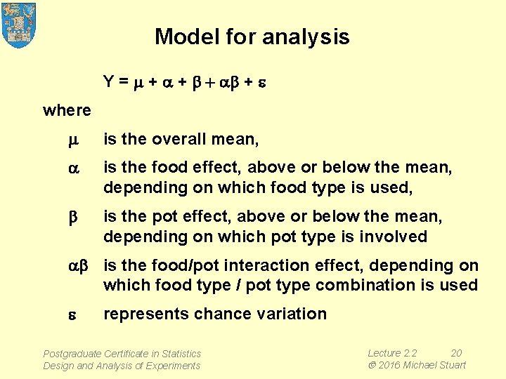 Model for analysis Y = m + a + b + ab + e