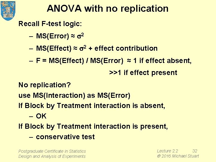 ANOVA with no replication Recall F-test logic: – MS(Error) ≈ s 2 – MS(Effect)
