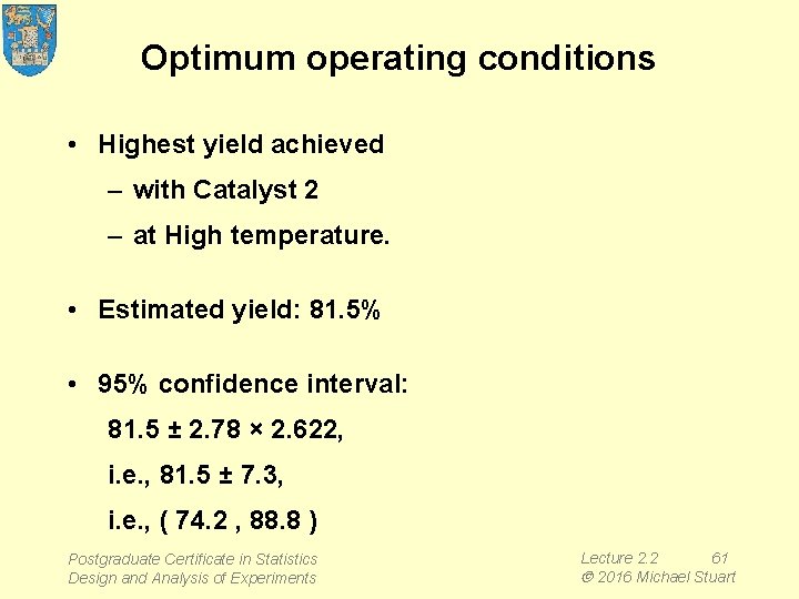 Optimum operating conditions • Highest yield achieved – with Catalyst 2 – at High