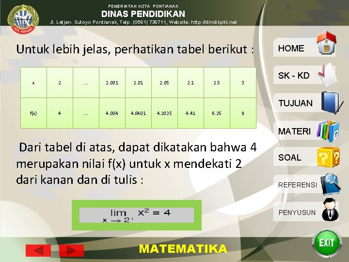 PEMERINTAH KOTA PONTIANAK DINAS PENDIDIKAN Jl. Letjen. Sutoyo Pontianak, Telp. (0561) 736711, Website: http: