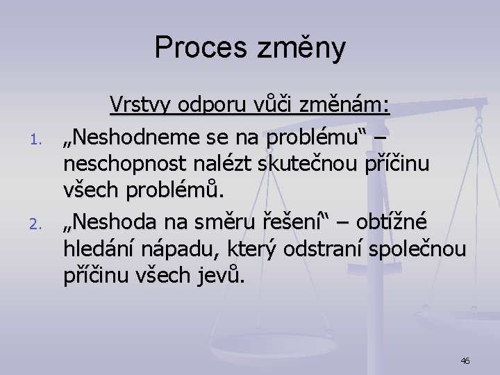 Proces změny 1. 2. Vrstvy odporu vůči změnám: „Neshodneme se na problému“ – neschopnost