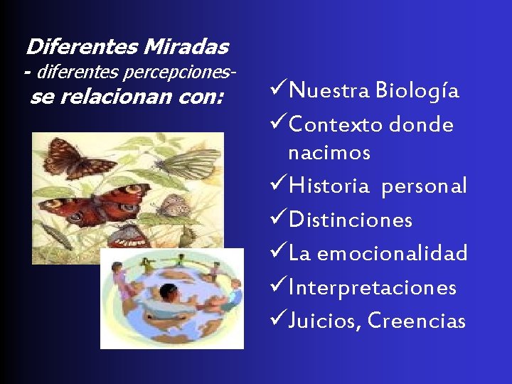 Diferentes Miradas - diferentes percepciones- se relacionan con: üNuestra Biología üContexto donde nacimos üHistoria