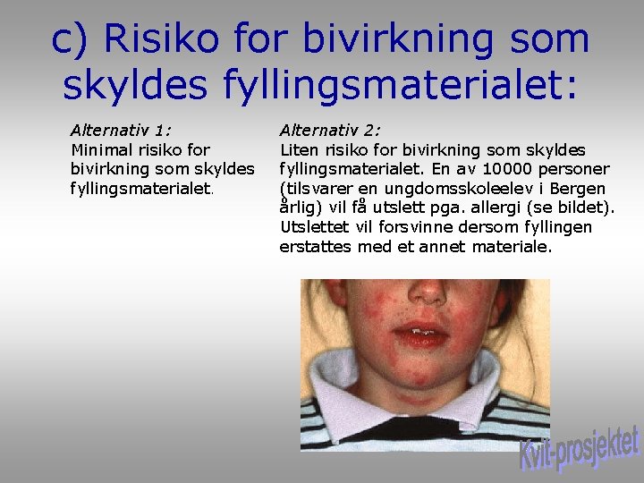 c) Risiko for bivirkning som skyldes fyllingsmaterialet: Alternativ 1: Minimal risiko for bivirkning som