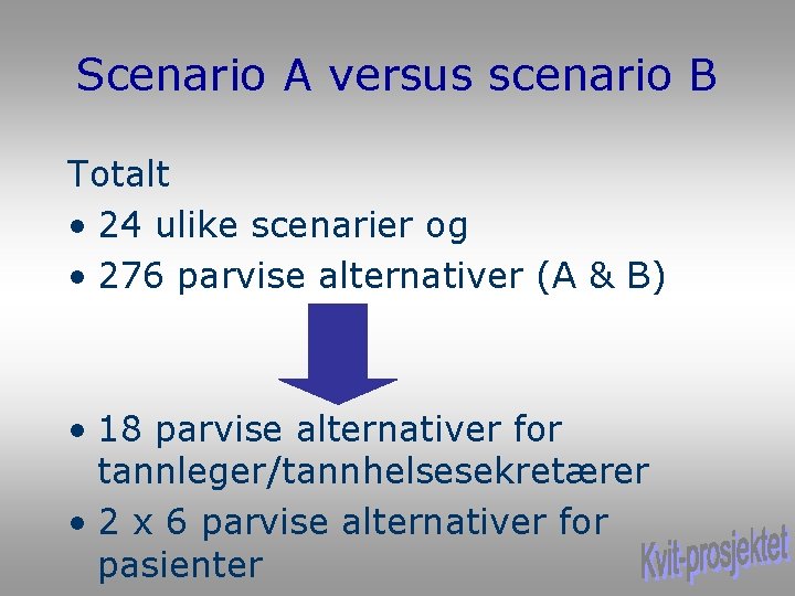 Scenario A versus scenario B Totalt • 24 ulike scenarier og • 276 parvise