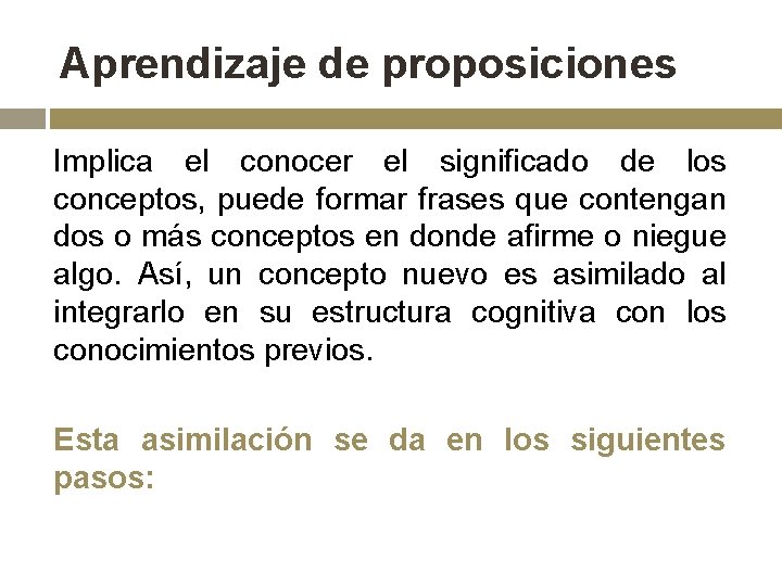 Aprendizaje de proposiciones Implica el conocer el significado de los conceptos, puede formar frases