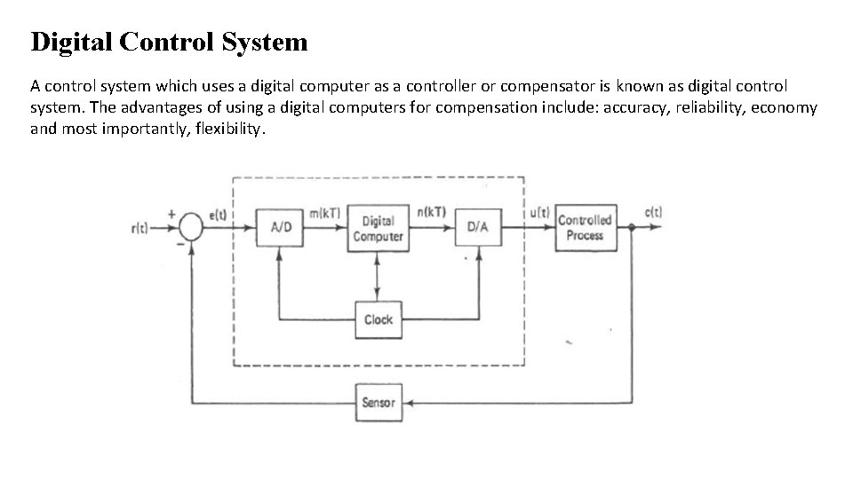 Digital Control System A control system which uses a digital computer as a controller