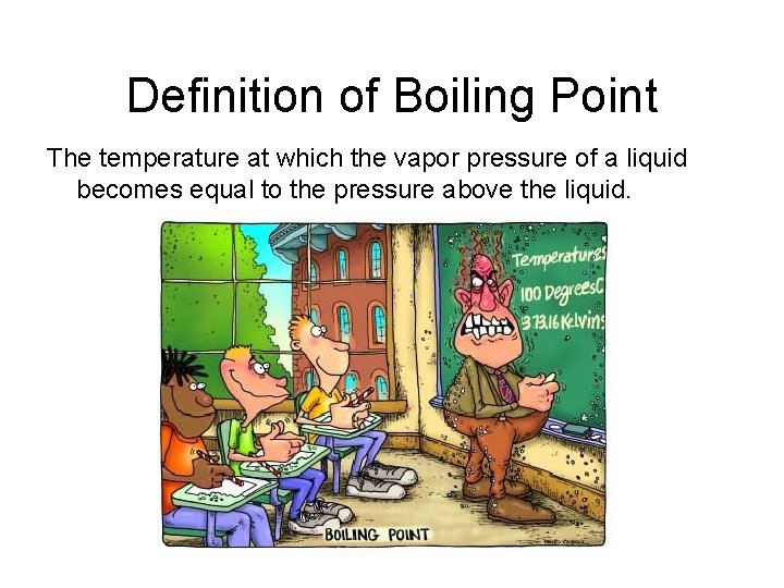 Definition of Boiling Point The temperature at which the vapor pressure of a liquid