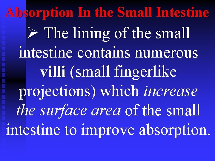  Absorption In the Small Intestine Ø The lining of the small intestine contains