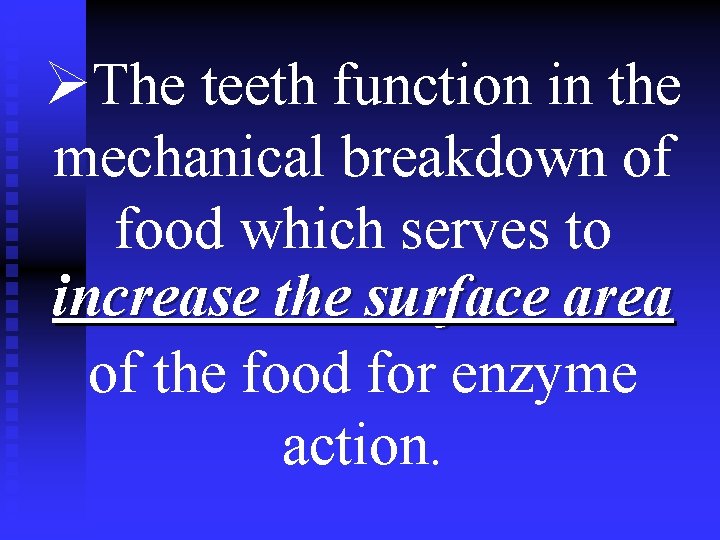ØThe teeth function in the mechanical breakdown of food which serves to increase the