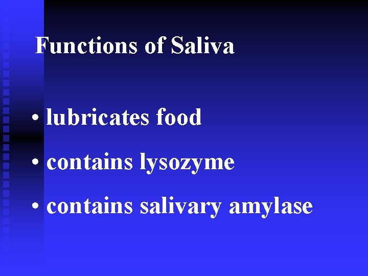 Functions of Saliva • lubricates food • contains lysozyme • contains salivary amylase 