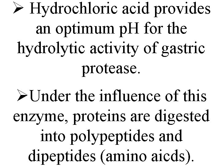 Ø Hydrochloric acid provides an optimum p. H for the hydrolytic activity of gastric