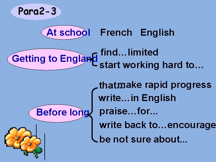 Para 2 -3 At school French English find…limited Getting to England start working hard