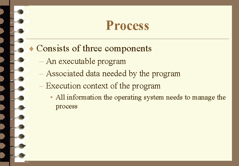 Process ¨ Consists of three components – An executable program – Associated data needed