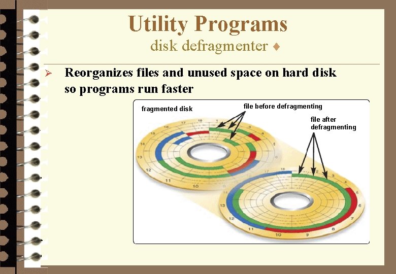 Utility Programs disk defragmenter ¨ Ø Reorganizes files and unused space on hard disk