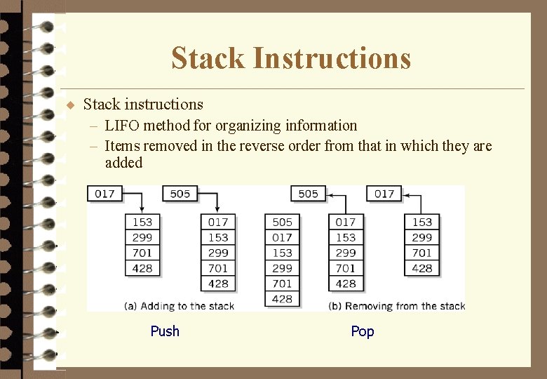 Stack Instructions ¨ Stack instructions – LIFO method for organizing information – Items removed