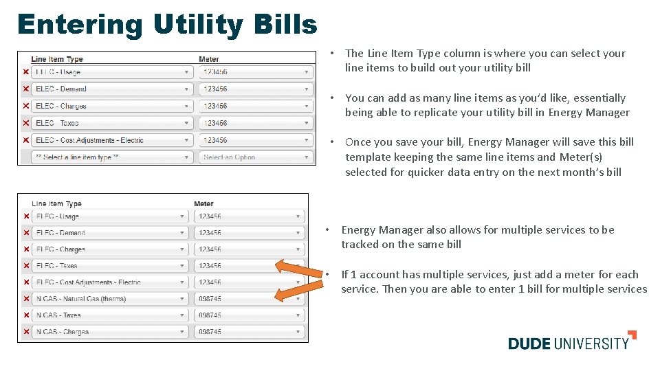 Entering Utility Bills • The Line Item Type column is where you can select