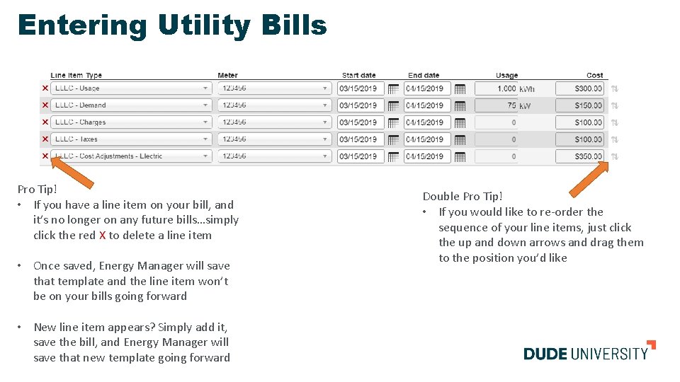 Entering Utility Bills Pro Tip! • If you have a line item on your