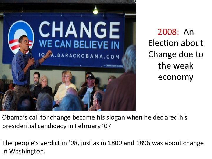 2008: An Election about Change due to the weak economy Obama’s call for change