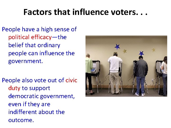 Factors that influence voters. . . People have a high sense of political efficacy—the
