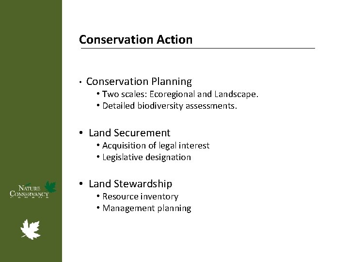 Conservation Action • Conservation Planning • Two scales: Ecoregional and Landscape. • Detailed biodiversity