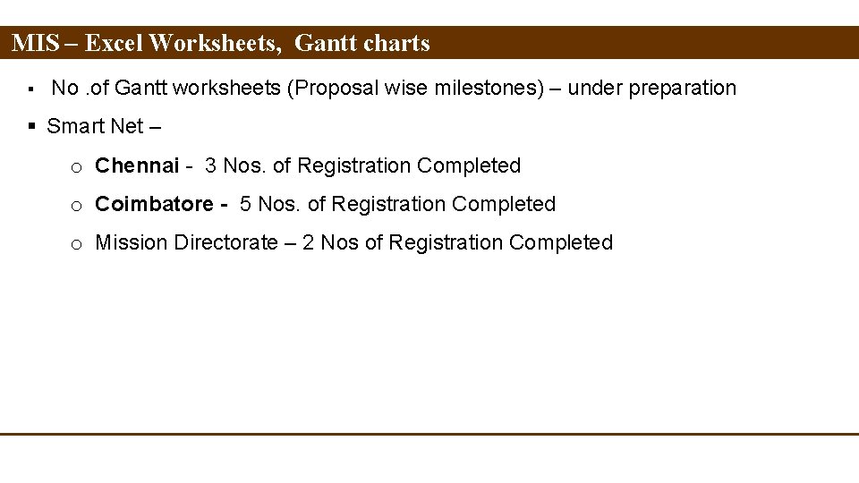 MIS – Excel Worksheets, Gantt charts § No. of Gantt worksheets (Proposal wise milestones)