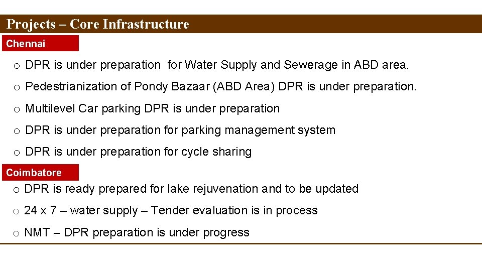 Projects – Core Infrastructure Chennai o DPR is under preparation for Water Supply and