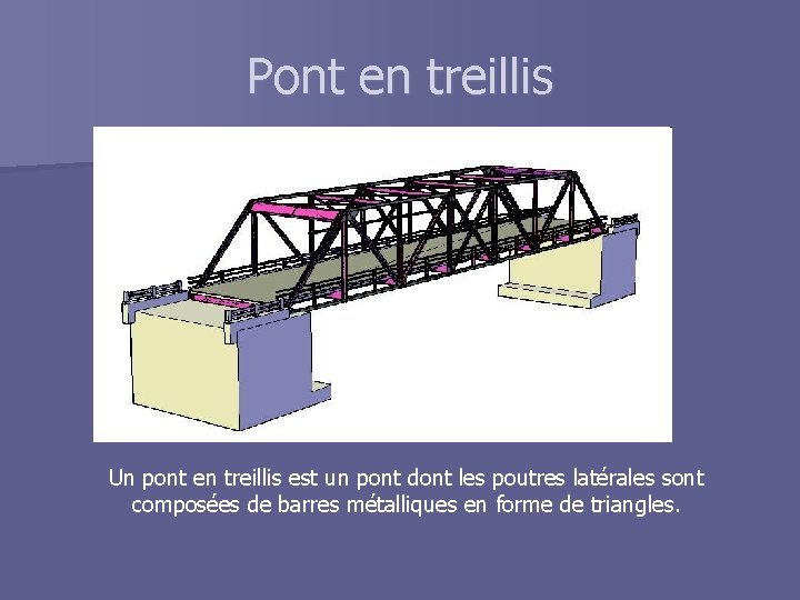 Pont en treillis Un pont en treillis est un pont dont les poutres latérales