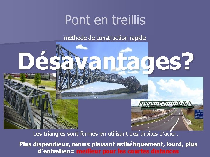 Pont en treillis méthode de construction rapide Désavantages? Les triangles sont formés en utilisant