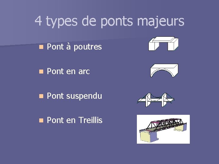 4 types de ponts majeurs n Pont à poutres n Pont en arc n