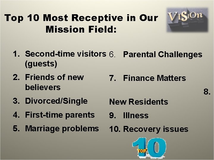 Top 10 Most Receptive in Our Mission Field: 1. Second-time visitors 6. Parental Challenges