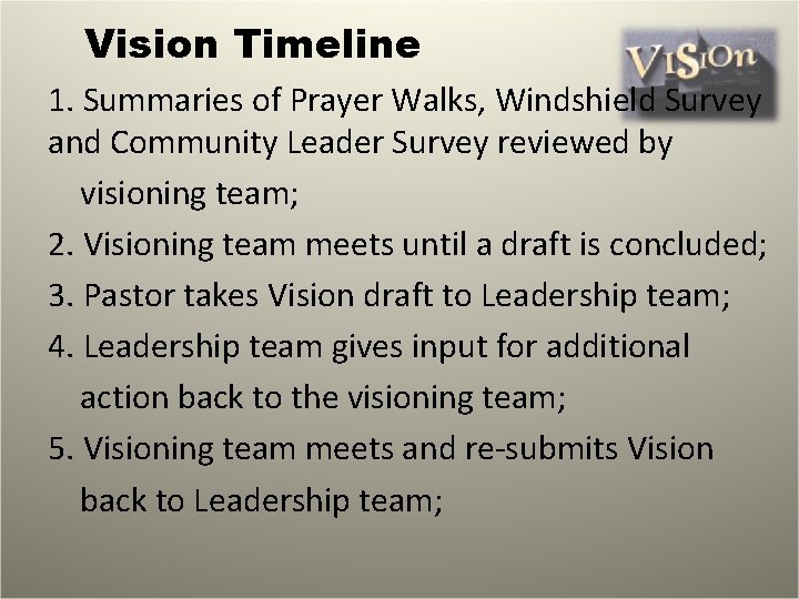 Vision Timeline 1. Summaries of Prayer Walks, Windshield Survey and Community Leader Survey reviewed