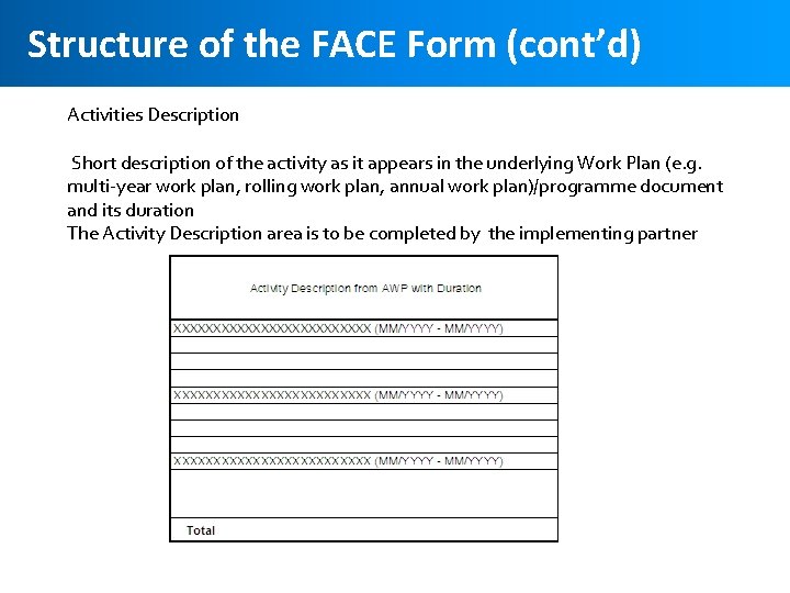 Structure of the FACE Form (cont’d) Activities Description Short description of the activity as