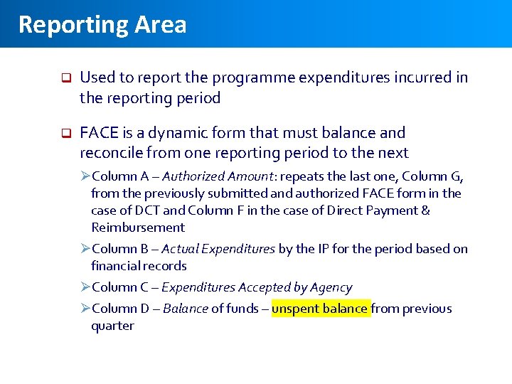 Reporting Area q Used to report the programme expenditures incurred in the reporting period