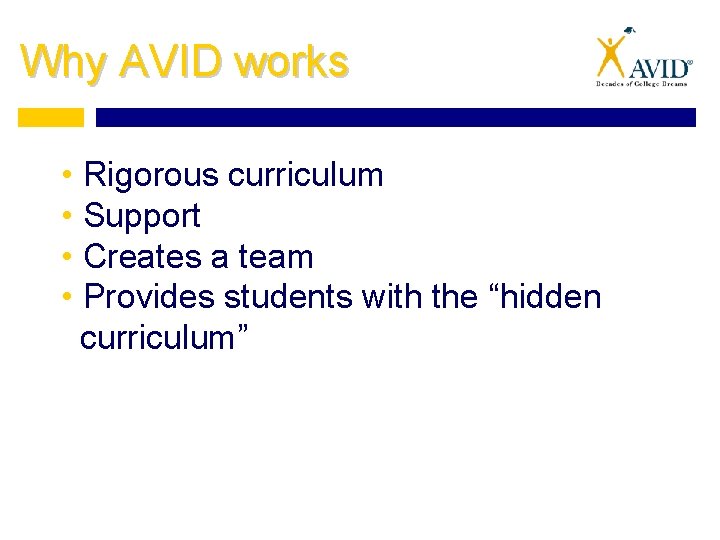 Why AVID works • Rigorous curriculum • Support • Creates a team • Provides
