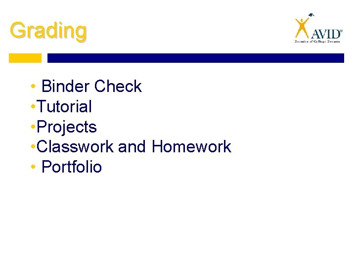 Grading • Binder Check • Tutorial • Projects • Classwork and Homework • Portfolio