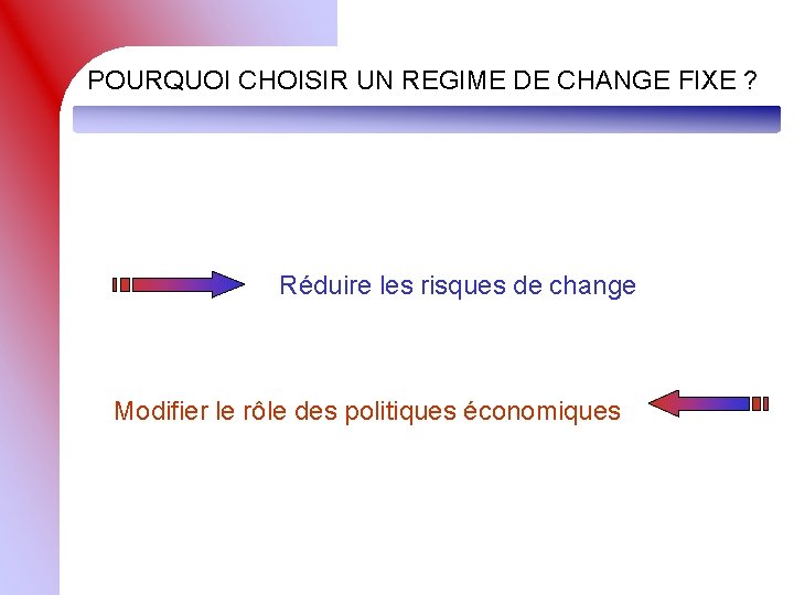 POURQUOI CHOISIR UN REGIME DE CHANGE FIXE ? Réduire les risques de change Modifier