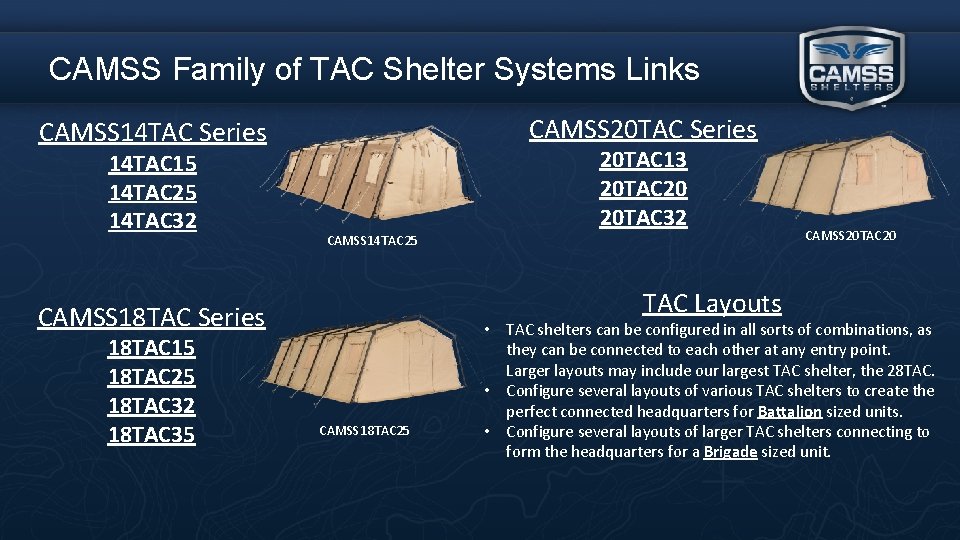 CAMSS Family of TAC Shelter Systems Links CAMSS 20 TAC Series CAMSS 14 TAC