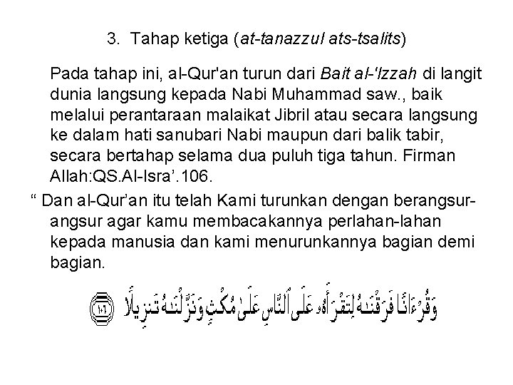 3. Tahap ketiga (at-tanazzul ats-tsalits) Pada tahap ini, al-Qur'an turun dari Bait al-'Izzah di