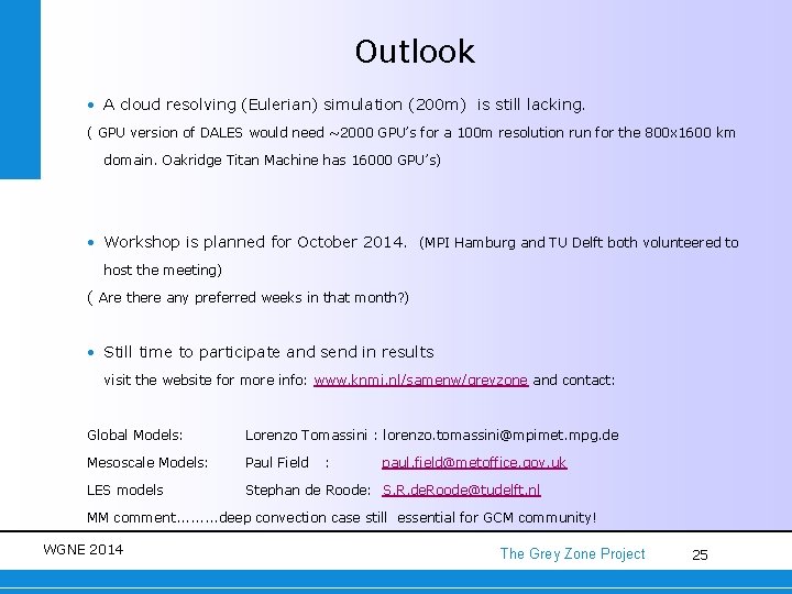 Outlook • A cloud resolving (Eulerian) simulation (200 m) is still lacking. ( GPU