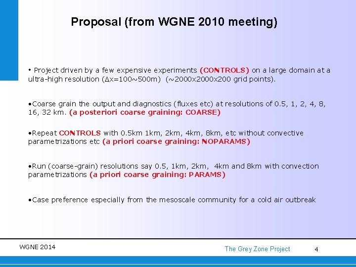 Proposal (from WGNE 2010 meeting) • Project driven by a few expensive experiments (CONTROLS)