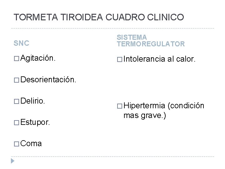 TORMETA TIROIDEA CUADRO CLINICO SNC SISTEMA TERMOREGULATOR � Agitación. � Intolerancia al calor. �