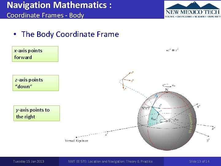 Navigation Mathematics : Coordinate Frames - Body • The Body Coordinate Frame x-axis points